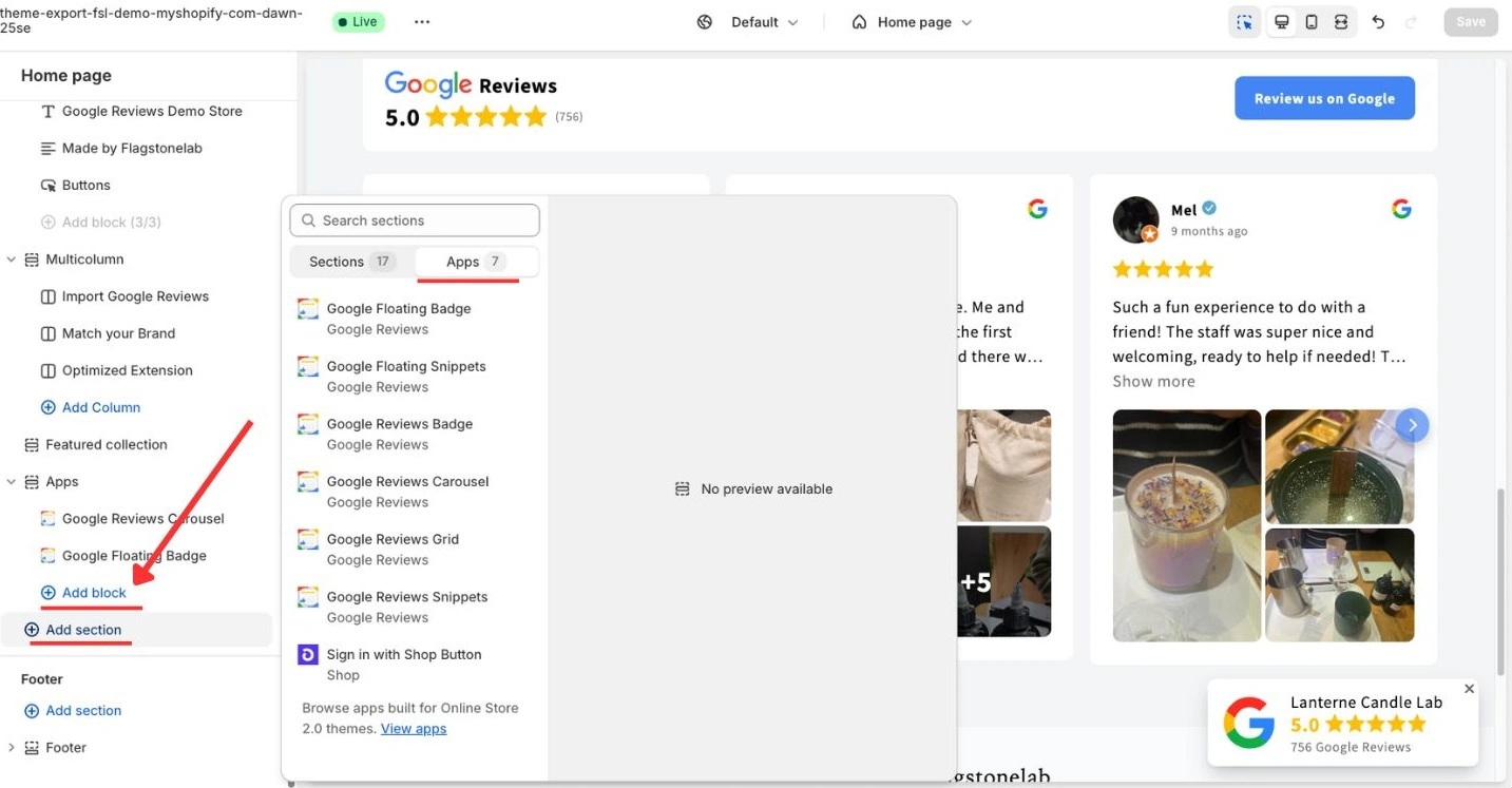 Install Google reviews widget on your Shopify theme.